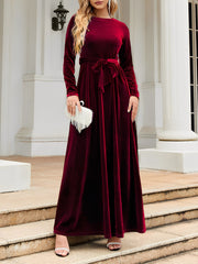 Velvet Round Neck Belted Maxi A-Line Dress
