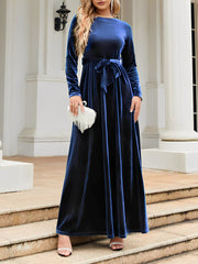 Velvet Round Neck Belted Maxi A-Line Dress