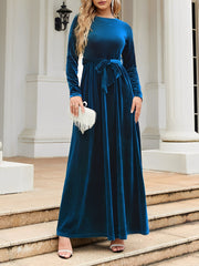 Velvet Round Neck Belted Maxi A-Line Dress