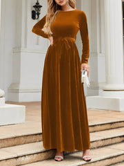 Velvet Round Neck Belted Maxi A-Line Dress