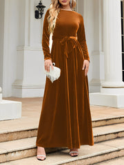 Velvet Round Neck Belted Maxi A-Line Dress