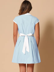 Retro Button Down Flat Collar Belted Office Mini Shirt Dress