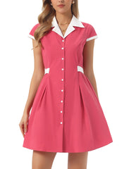 Retro Button Down Flat Collar Belted Office Mini Shirt Dress