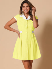 Retro Button Down Flat Collar Belted Office Mini Shirt Dress