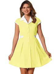 Retro Button Down Flat Collar Belted Office Mini Shirt Dress