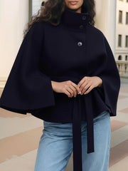 Stand Collar Solid Color Belted Cape Coat