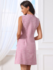 Tweed Plaid Sleeveless Pockets Zipper Work Dress