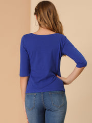 Casual Boat Neck 3/4 Sleeve Solid Basic T-shirt