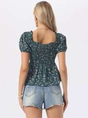 Puff Short Sleeve Floral Shirred Ruffle Peplum Blouse