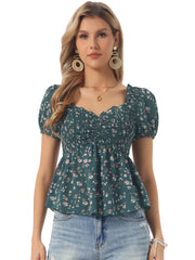 Puff Short Sleeve Floral Shirred Ruffle Peplum Blouse