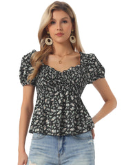 Puff Short Sleeve Floral Shirred Ruffle Peplum Blouse