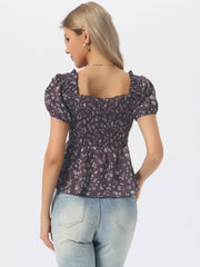 Puff Short Sleeve Floral Shirred Ruffle Peplum Blouse