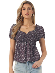 Puff Short Sleeve Floral Shirred Ruffle Peplum Blouse