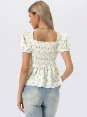 Puff Short Sleeve Floral Shirred Ruffle Peplum Blouse