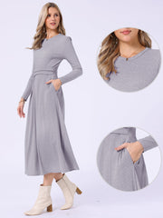 Crew Neck Long Sleeve Pocketed A-Line Sweater Dresses