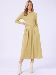 Crew Neck Long Sleeve Pocketed A-Line Sweater Dresses