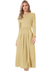 Crew Neck Long Sleeve Pocketed A-Line Sweater Dresses