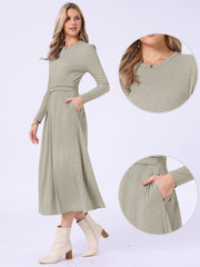Crew Neck Long Sleeve Pocketed A-Line Sweater Dresses