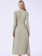 Crew Neck Long Sleeve Pocketed A-Line Sweater Dresses