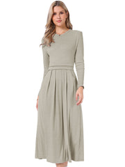 Crew Neck Long Sleeve Pocketed A-Line Sweater Dresses