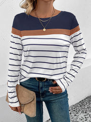 Round Neck Long Sleeve Striped Top