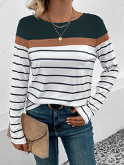 Round Neck Long Sleeve Striped Top