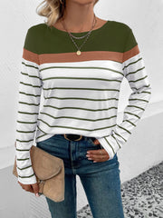 Round Neck Long Sleeve Striped Top
