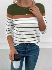 Round Neck Long Sleeve Striped Top