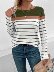 Round Neck Long Sleeve Striped Top