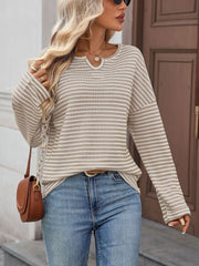 Notch Neck Textured Waffle Knit Long Sleeves Top