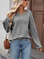 Notch Neck Textured Waffle Knit Long Sleeves Top