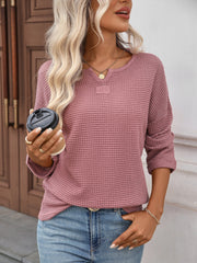Notch Neck Textured Waffle Knit Long Sleeves Top