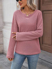 Notch Neck Textured Waffle Knit Long Sleeves Top
