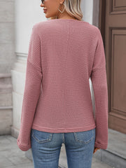 Notch Neck Textured Waffle Knit Long Sleeves Top
