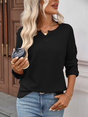 Notch Neck Textured Waffle Knit Long Sleeves Top