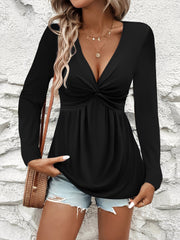 Twisted Ruched Solid Color Long Sleeve V Neck Blouse