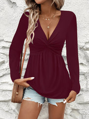 Twisted Ruched Solid Color Long Sleeve V Neck Blouse