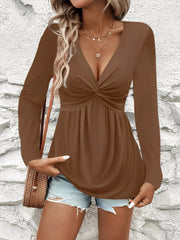 Twisted Ruched Solid Color Long Sleeve V Neck Blouse