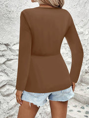 Twisted Ruched Solid Color Long Sleeve V Neck Blouse