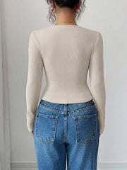 Solid Color Irregular Neck Long Sleeves Stretchy Blouse