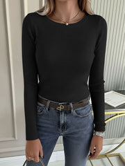 2 Pieces Long Sleeve Stretch Crew Neck Ribbed Top