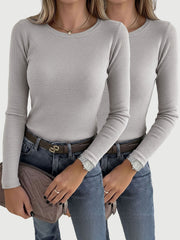 2 Pieces Long Sleeve Stretch Crew Neck Ribbed Top