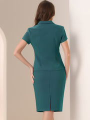 2 Piece Short Sleeve Notched Lapel Blazer Jacket & Pencil Midi Skirt Suit Set