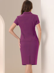2 Piece Short Sleeve Notched Lapel Blazer Jacket & Pencil Midi Skirt Suit Set