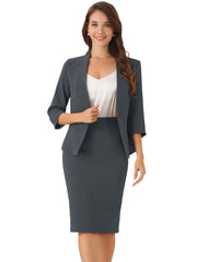 2 Pieces Collarless 3/4 Sleeves Blazer and Pencil Skirt Office Work Business Suit Set