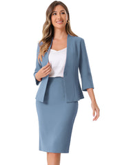 2 Pieces Collarless 3/4 Sleeves Blazer and Pencil Skirt Work Business Suit Set