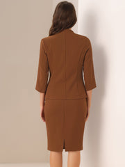 2 Pieces Collarless 3/4 Sleeves Blazer and Pencil Skirt Work Business Suit Set