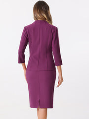 2 Pieces Collarless 3/4 Sleeves Blazer and Pencil Skirt Work Business Suit Set