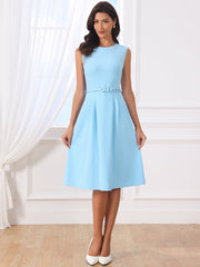 Work Sleeveless Crew Neck Belted A-Line Office Dress