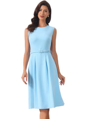 Work Sleeveless Crew Neck Belted A-Line Office Dress
